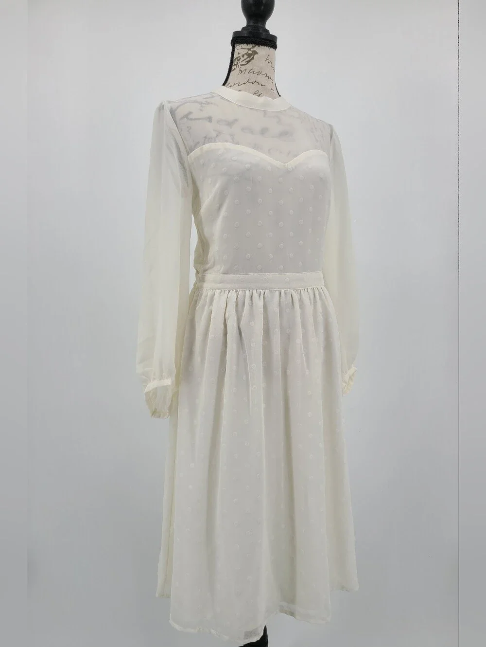modcloth long sleeve dresses Modcloth Dresses | Modcloth Flowy Ivory Polka Dot Sheer Long Sleeve Midi Dress Size Medium | Color: Cream | Size: M